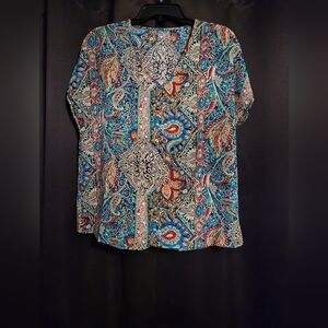 Colorful Paisley Print Blouse | Size Large | Boho V-Neck Top